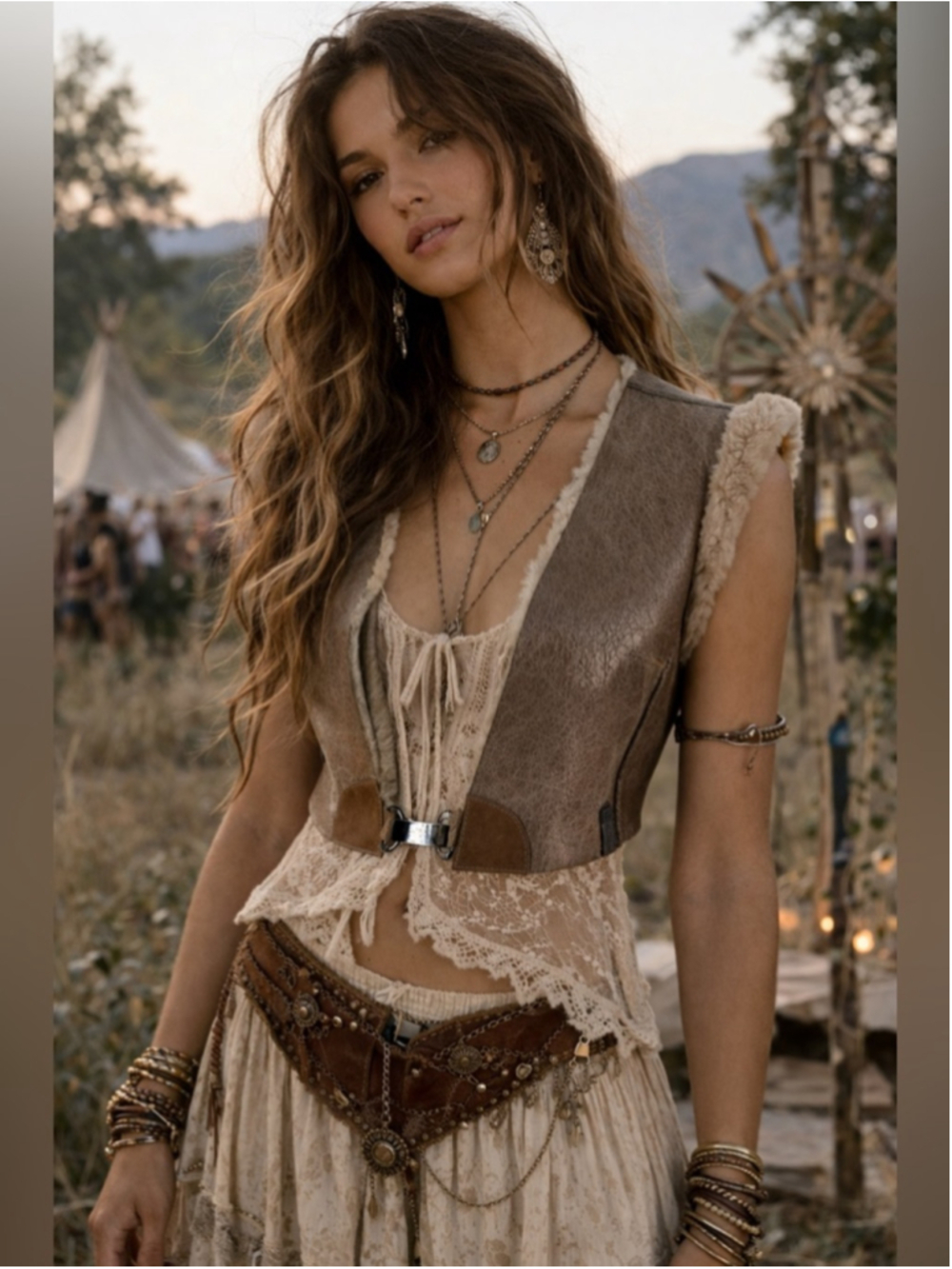 Rudsak Vest textured leather Shearling Brown Cropped Western Boho sz xs